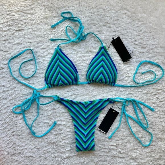 NWT OneOne Swimwear Bikini Set Green Blue Ocean Breeze Triangle Ariel Terry Cute - Picture 2 of 4